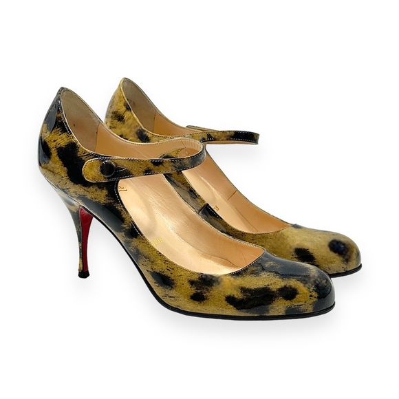 Christian Louboutin Leopard Print Glossy Patent Leather Ankle Strap Pumps - Picture 1 of 9